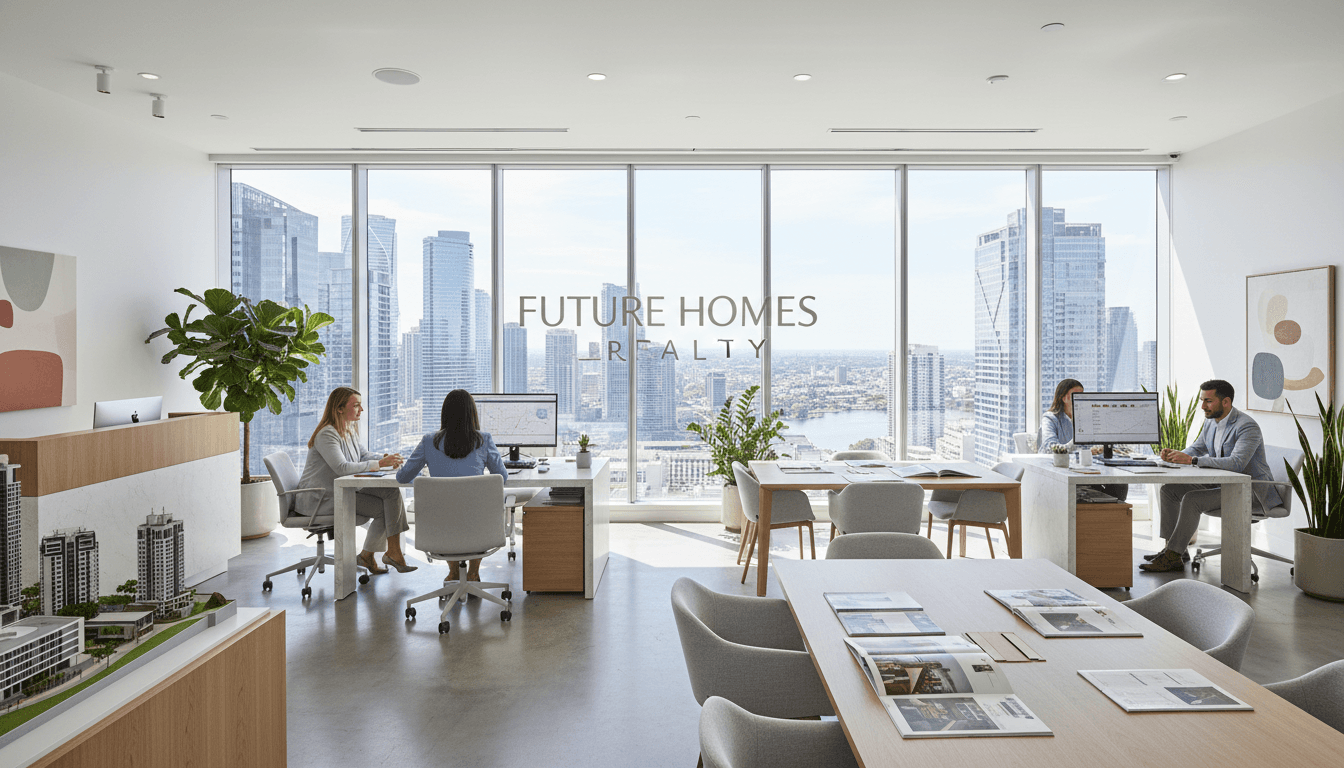 Professional real estate agent in modern office with Atlanta skyline view