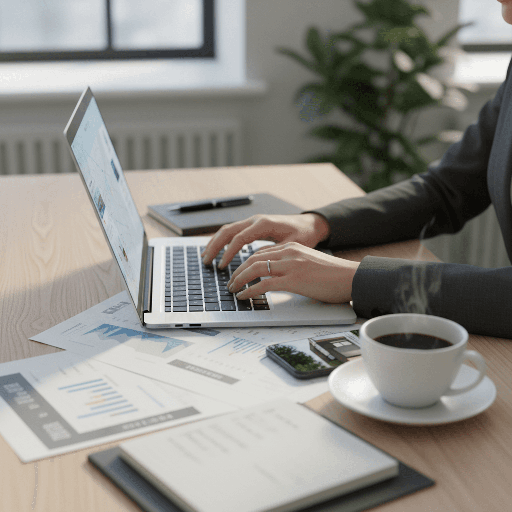 Confident real estate professional working at desk after completing course training