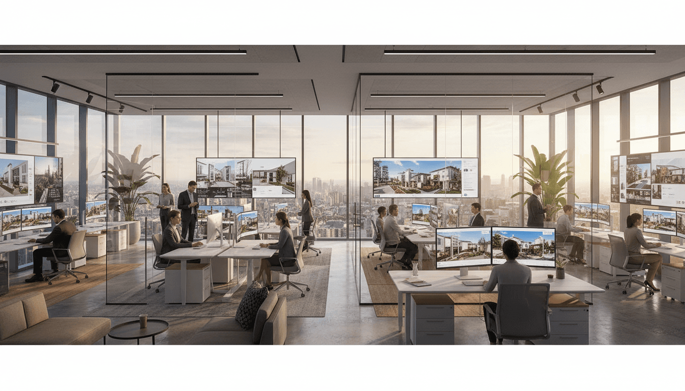 Professional real estate agents working in a modern office with bright natural light and Atlanta skyline view