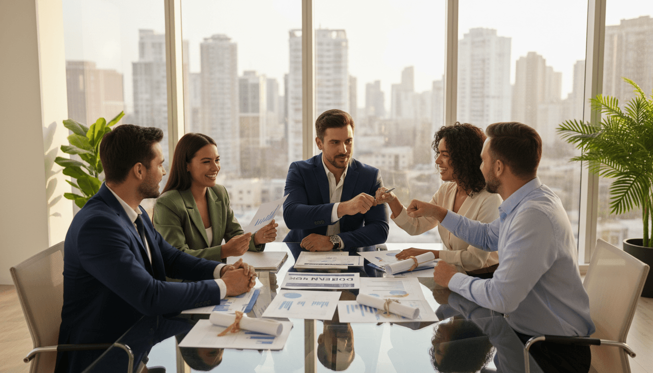 Professional real estate agents collaborating in a modern office environment with warm lighting