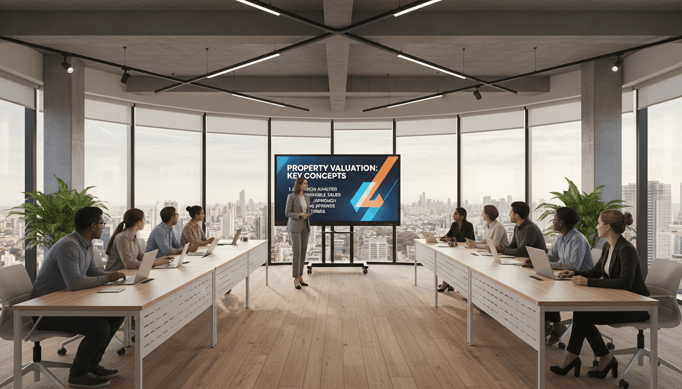 Modern real estate classroom with students and instructor-led training